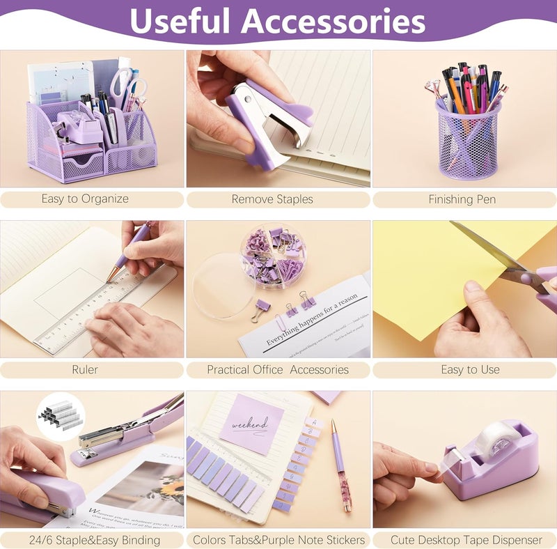 Fayoo 15 Pcs Purple Office Supplies Set Mesh Desk Organizer Accessories Kit Include Stapler Tape Dispenser Staple Remover Clips Ruler Scissors Sticky Notes for Office School Home Women (Purple) - Image 4
